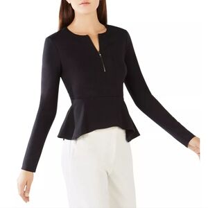 BCBGMAXAZRIA | Women's Black Jaynie Long Sleeved Half Zip Peplum Top